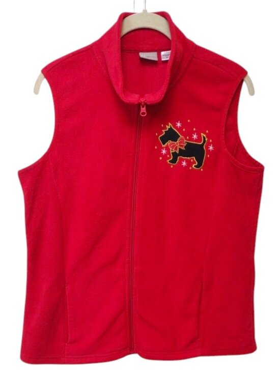Holiday Editions Jackets & Blazers - Holiday Editions Women's Black Scottie Dog Embroidery Full Zip Red Fleece Vest